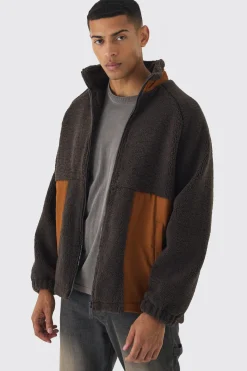 Colour Block Borg And Nylon Jacket In Chocolate | BoohooMAN UK