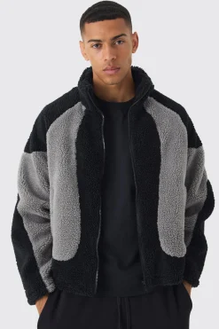 Colour Block Borg Jacket In Black | BoohooMAN UK