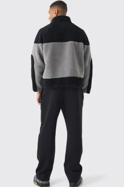 Colour Block Borg Jacket In Black | BoohooMAN UK