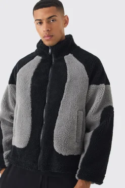 Colour Block Borg Jacket In Black | BoohooMAN UK