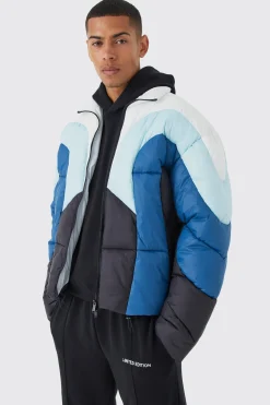 Colour Block Curved Panel Puffer | BoohooMAN UK