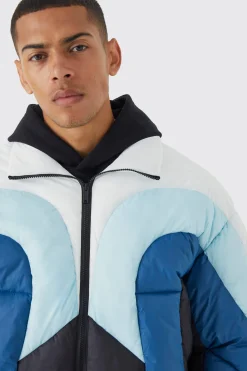 Colour Block Curved Panel Puffer | BoohooMAN UK