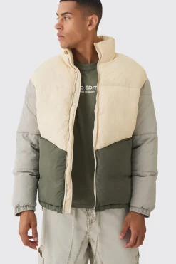 Colour Block Funnel Neck Puffer In Ecru | BoohooMAN UK