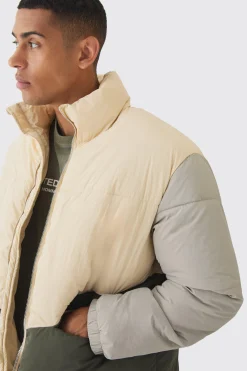 Colour Block Funnel Neck Puffer In Ecru | BoohooMAN UK