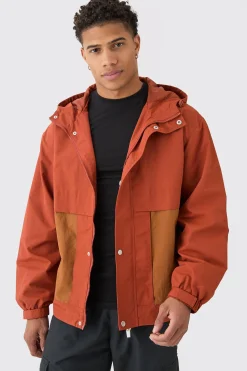 Colour Block Hooded Nylon Windbreaker In Rust | BoohooMAN UK