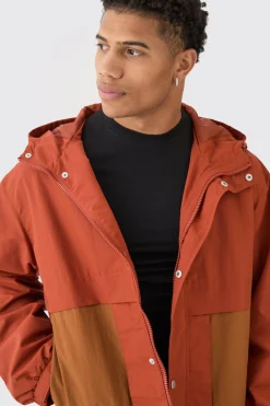 Colour Block Hooded Nylon Windbreaker In Rust | BoohooMAN UK