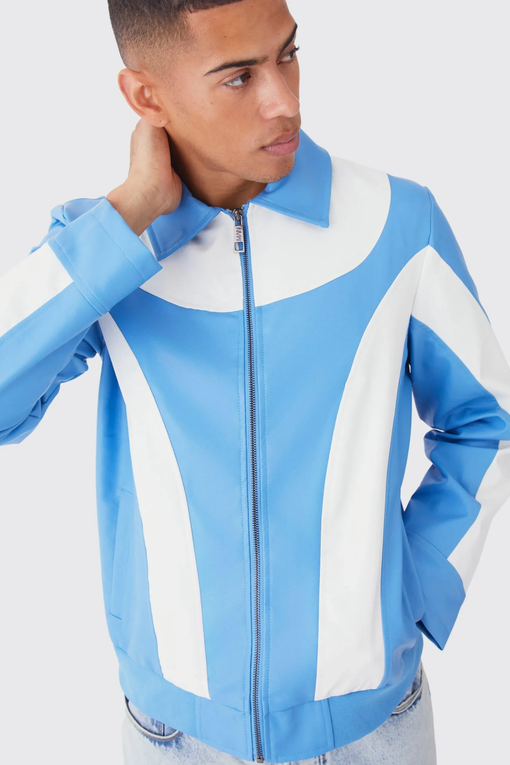 Colour Block Moto Pu Jacket | BoohooMAN UK