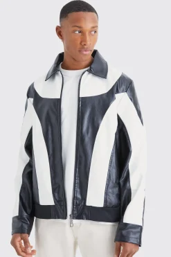 Colour Block Moto Pu Jacket | BoohooMAN UK