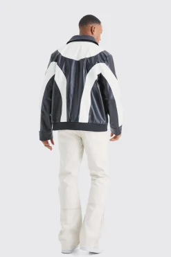 Colour Block Moto Pu Jacket | BoohooMAN UK