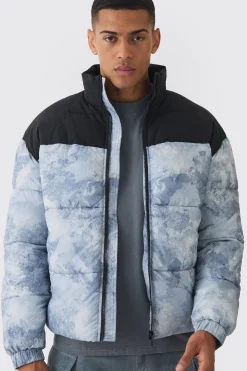 Colour Block Printed Funnel Neck Puffer Coat In Grey | BoohooMAN UK