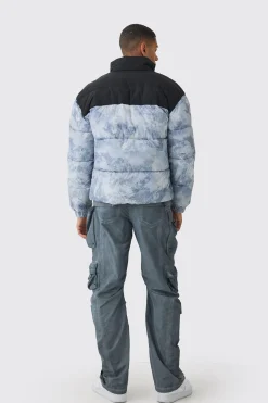 Colour Block Printed Funnel Neck Puffer Coat In Grey | BoohooMAN UK