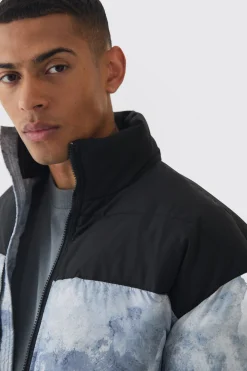 Colour Block Printed Funnel Neck Puffer Coat In Grey | BoohooMAN UK