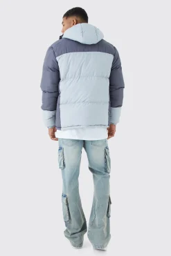 Colour Block Quilted Puffer With Hood | BoohooMAN UK