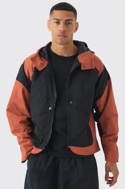Colourblock Hooded Tech Windbreaker In Rust | BoohooMAN UK