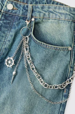 Compass Layered Jean Chain In Silver | BoohooMAN UK