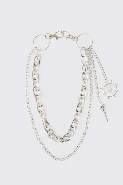 Compass Layered Jean Chain In Silver | BoohooMAN UK