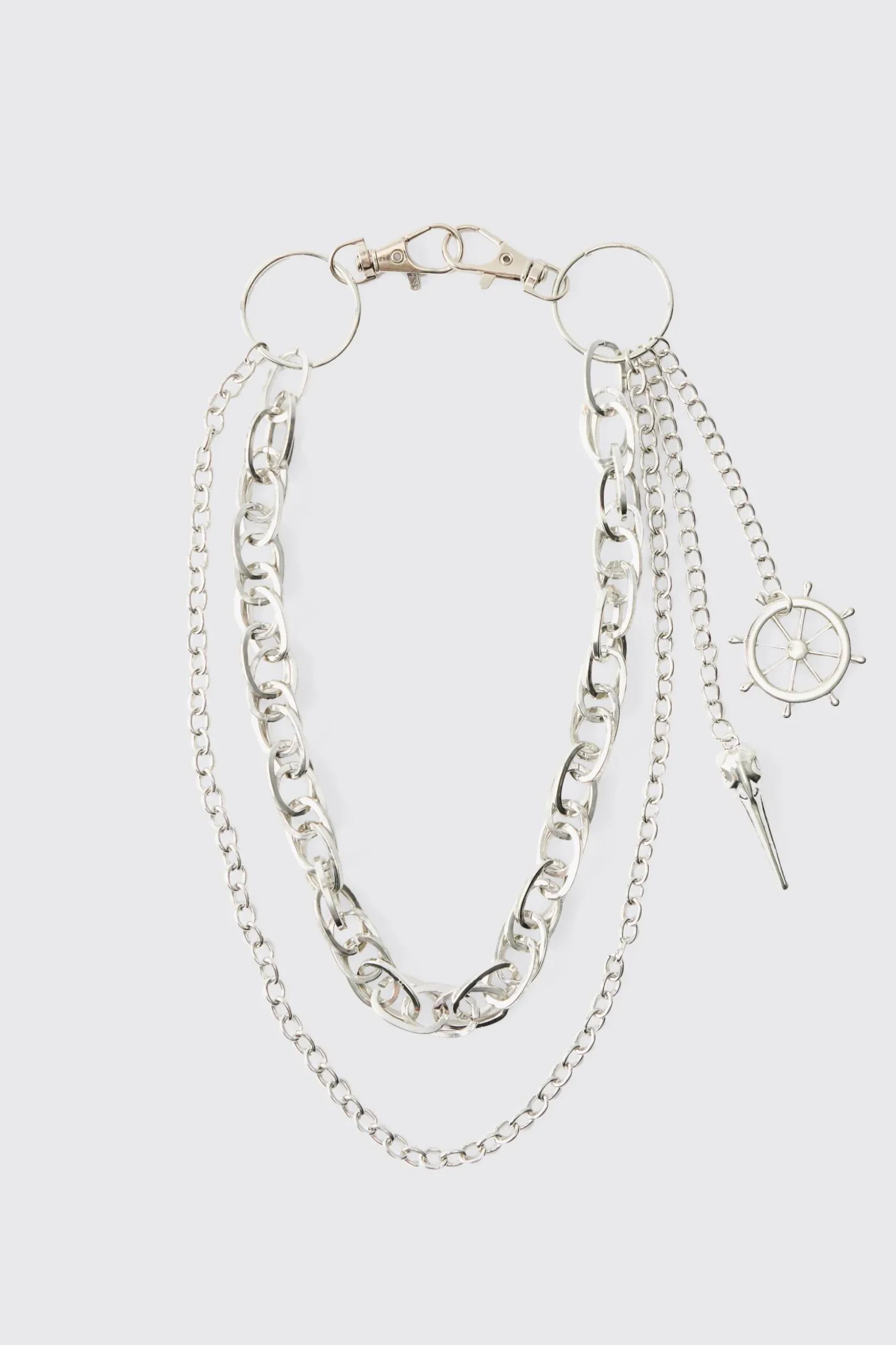 Compass Layered Jean Chain In Silver | BoohooMAN UK