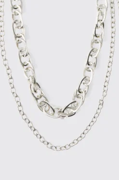 Compass Layered Jean Chain In Silver | BoohooMAN UK