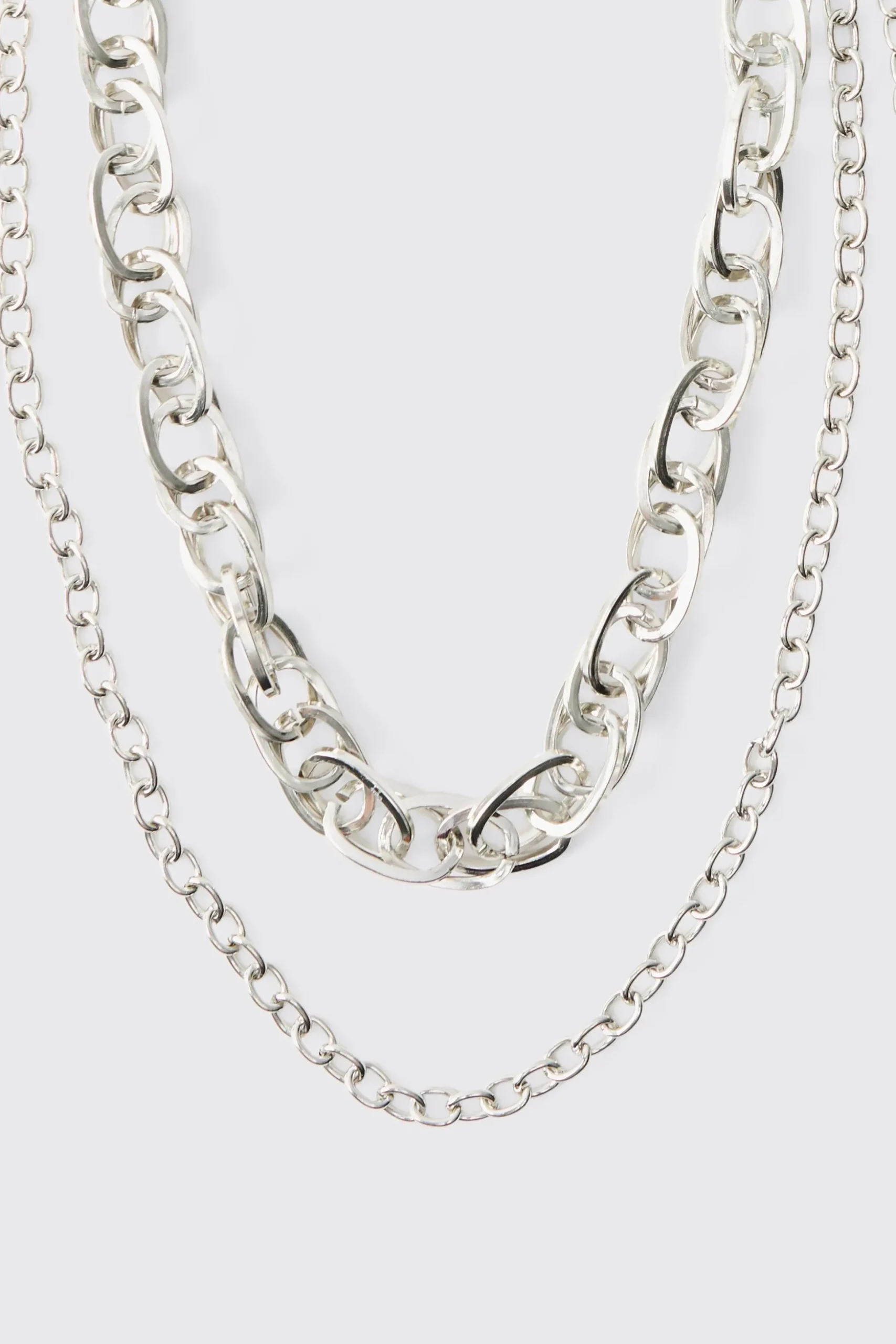 Compass Layered Jean Chain In Silver | BoohooMAN UK
