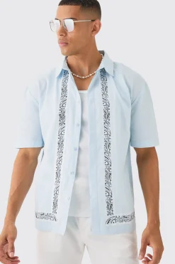 Concealed Placket Linen Boarder Shirt | BoohooMAN UK