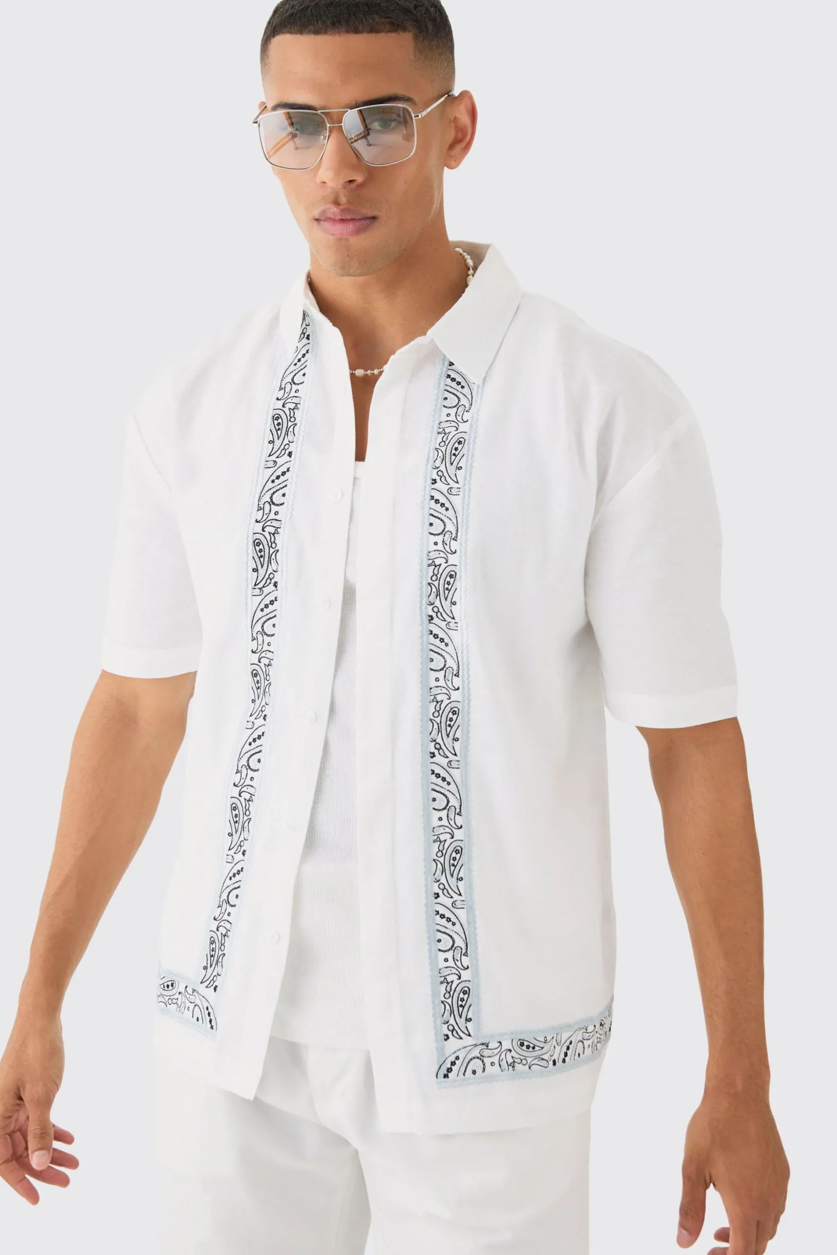 Concealed Placket Linen Boarder Shirt | BoohooMAN UK