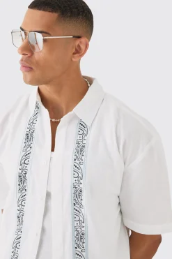 Concealed Placket Linen Boarder Shirt | BoohooMAN UK