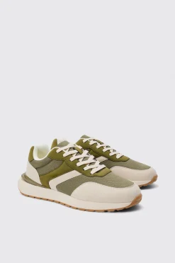 Contrast Chunky Sole Trainers In Khaki | BoohooMAN UK