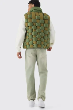 Contrast Hand Weft Padded Gilet In Khaki | BoohooMAN UK