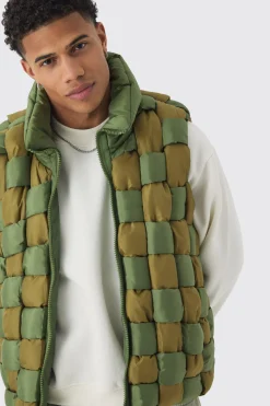 Contrast Hand Weft Padded Gilet In Khaki | BoohooMAN UK