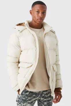 Contrast Hood Mid Length Puffer | BoohooMAN UK