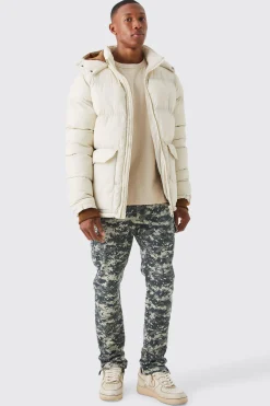 Contrast Hood Mid Length Puffer | BoohooMAN UK