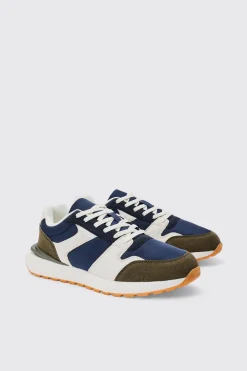 Contrast Panel Chunky Sole Trainer In Khaki | BoohooMAN UK