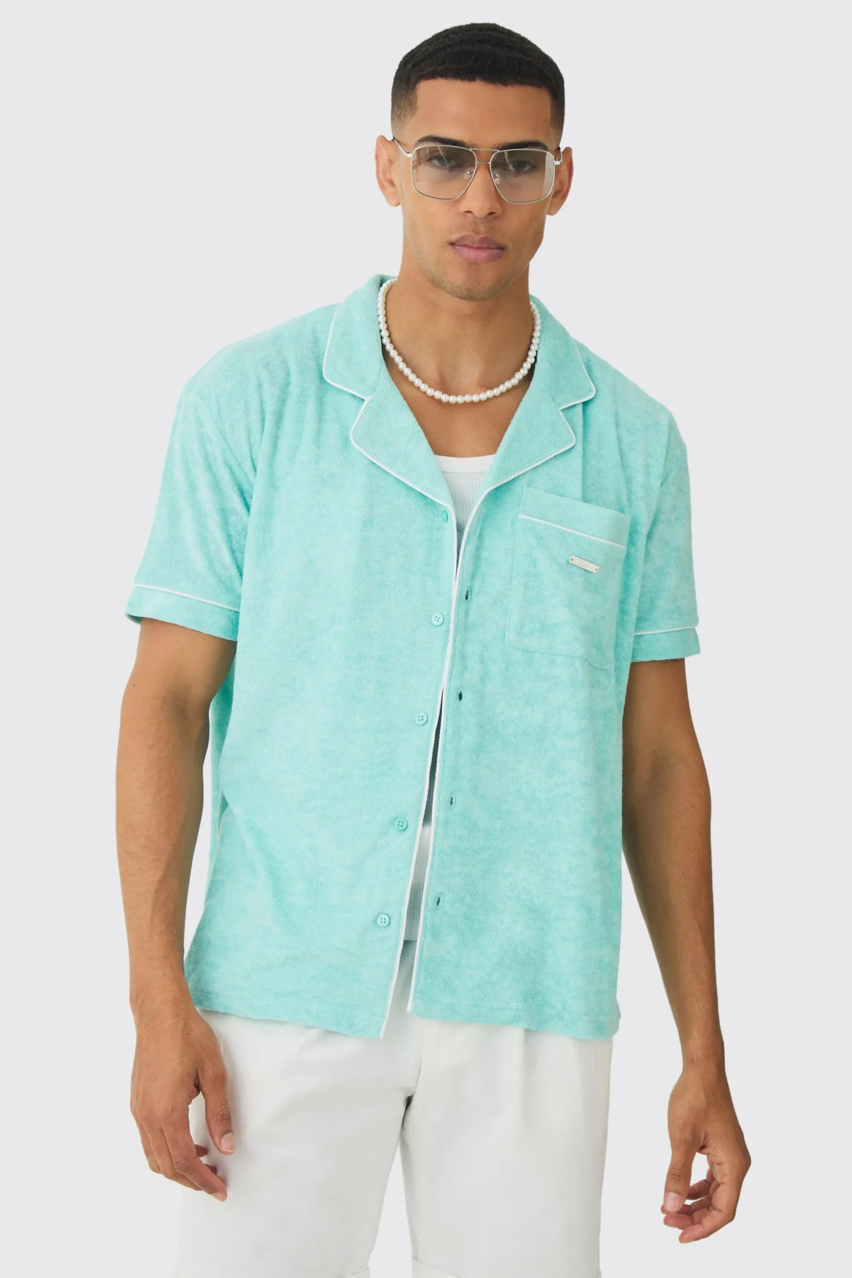 Contrast Piping Towelling Shirt | BoohooMAN UK