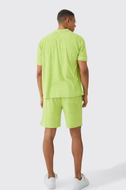 Contrast Piping Towelling Shirt And Short Set | BoohooMAN UK
