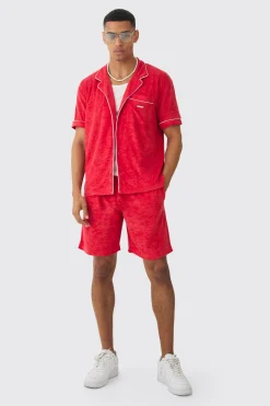 Contrast Piping Towelling Shirt And Short Set | BoohooMAN UK