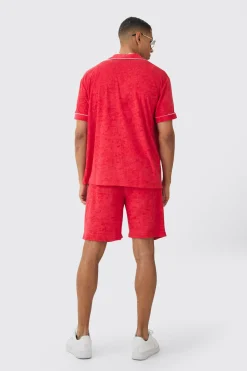 Contrast Piping Towelling Shirt And Short Set | BoohooMAN UK