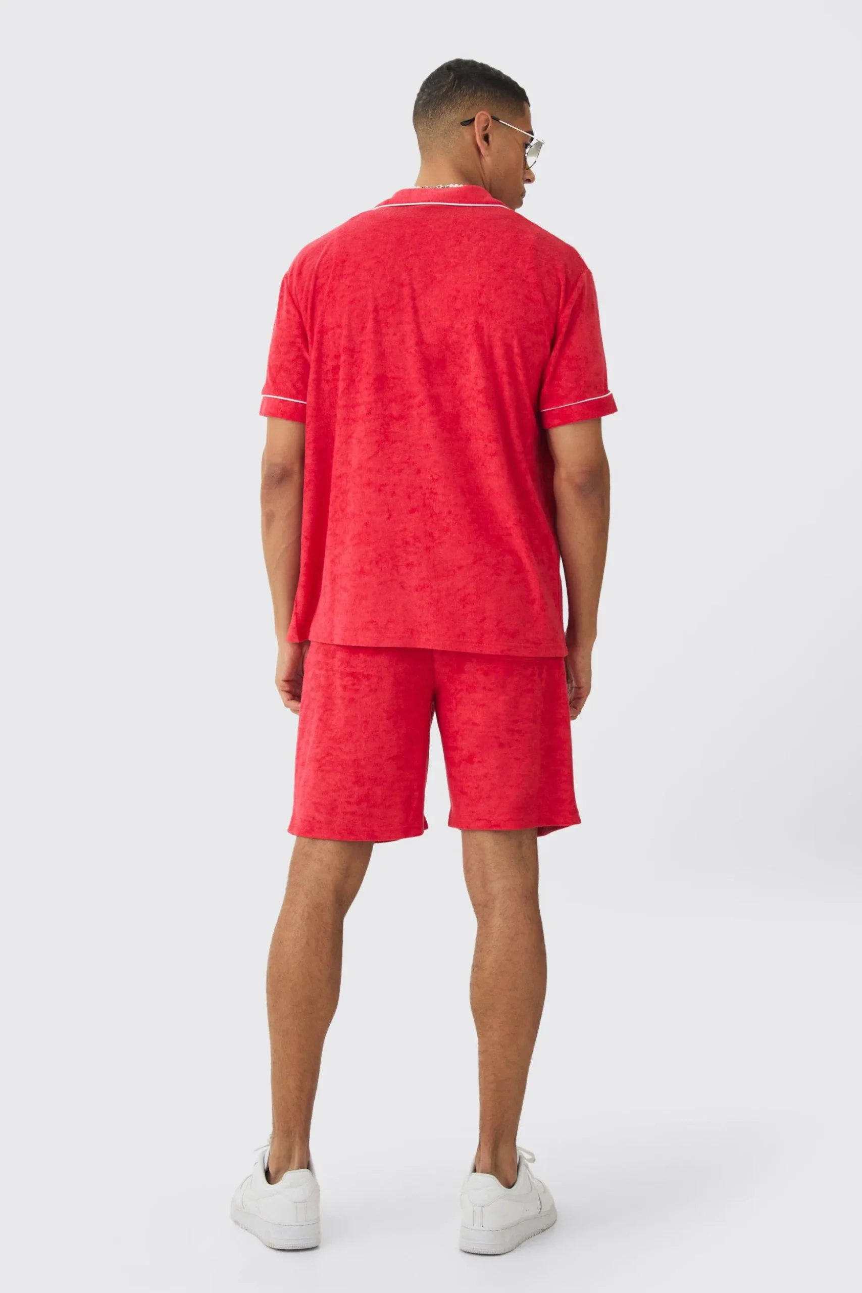 Contrast Piping Towelling Shirt And Short Set | BoohooMAN UK