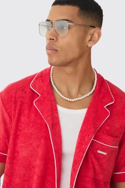 Contrast Piping Towelling Shirt And Short Set | BoohooMAN UK