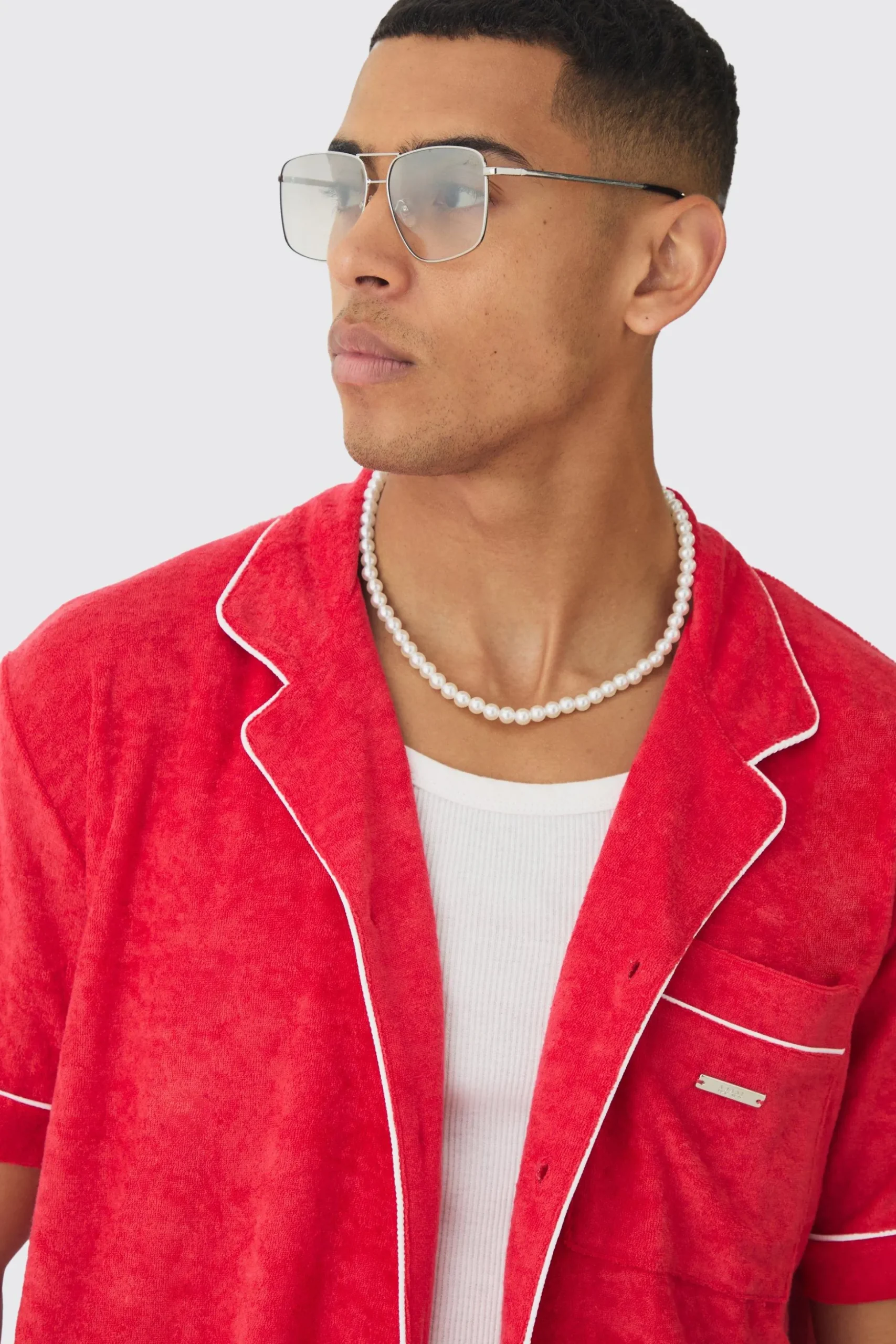 Contrast Piping Towelling Shirt And Short Set | BoohooMAN UK