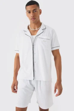 Contrast Piping Towelling Shirt And Short Set | BoohooMAN UK