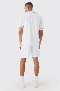 Contrast Piping Towelling Shirt And Short Set | BoohooMAN UK