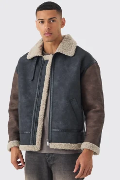 Contrast Sleeve Borg Aviator Jacket In Black | BoohooMAN UK