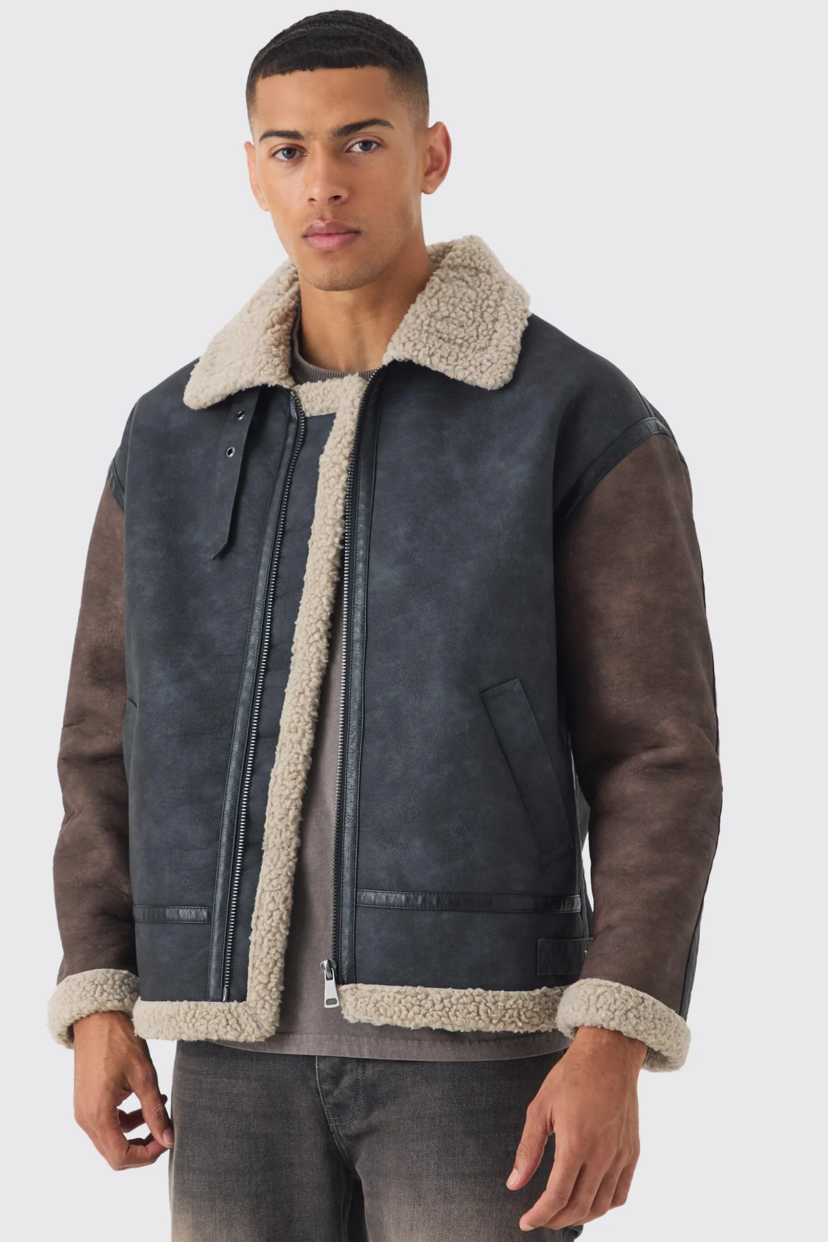 Contrast Sleeve Borg Aviator Jacket In Black | BoohooMAN UK