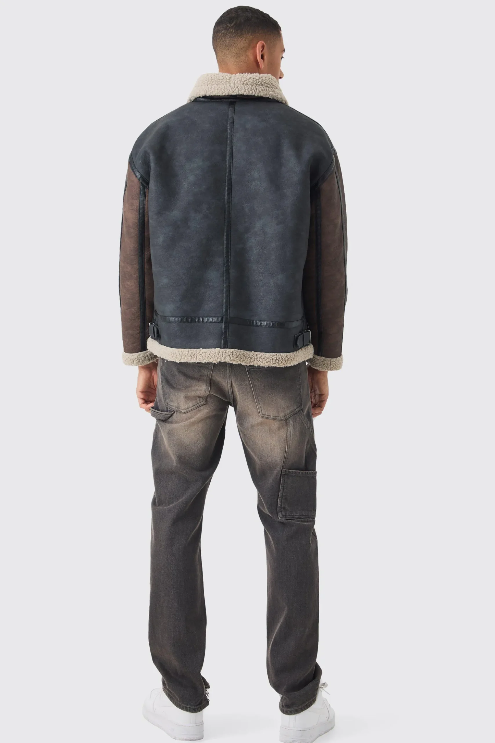 Contrast Sleeve Borg Aviator Jacket In Black | BoohooMAN UK