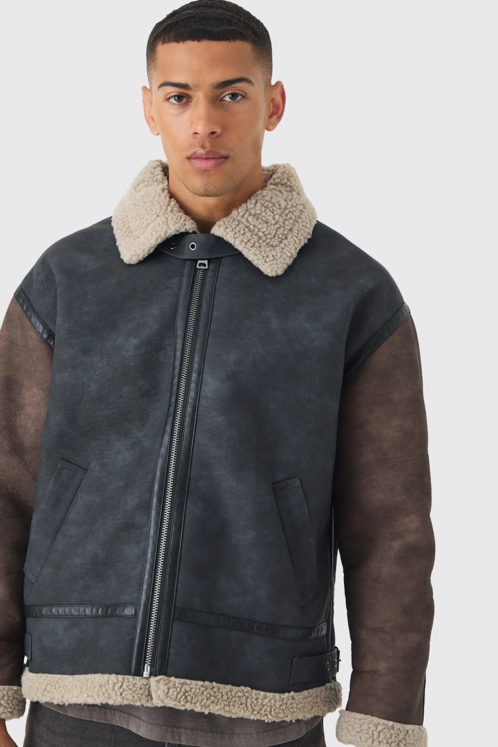Contrast Sleeve Borg Aviator Jacket In Black | BoohooMAN UK