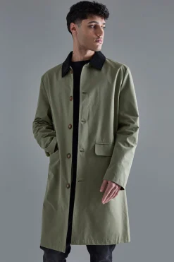 Cord Collar Button Through Mac | BoohooMAN UK