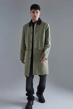 Cord Collar Button Through Mac | BoohooMAN UK