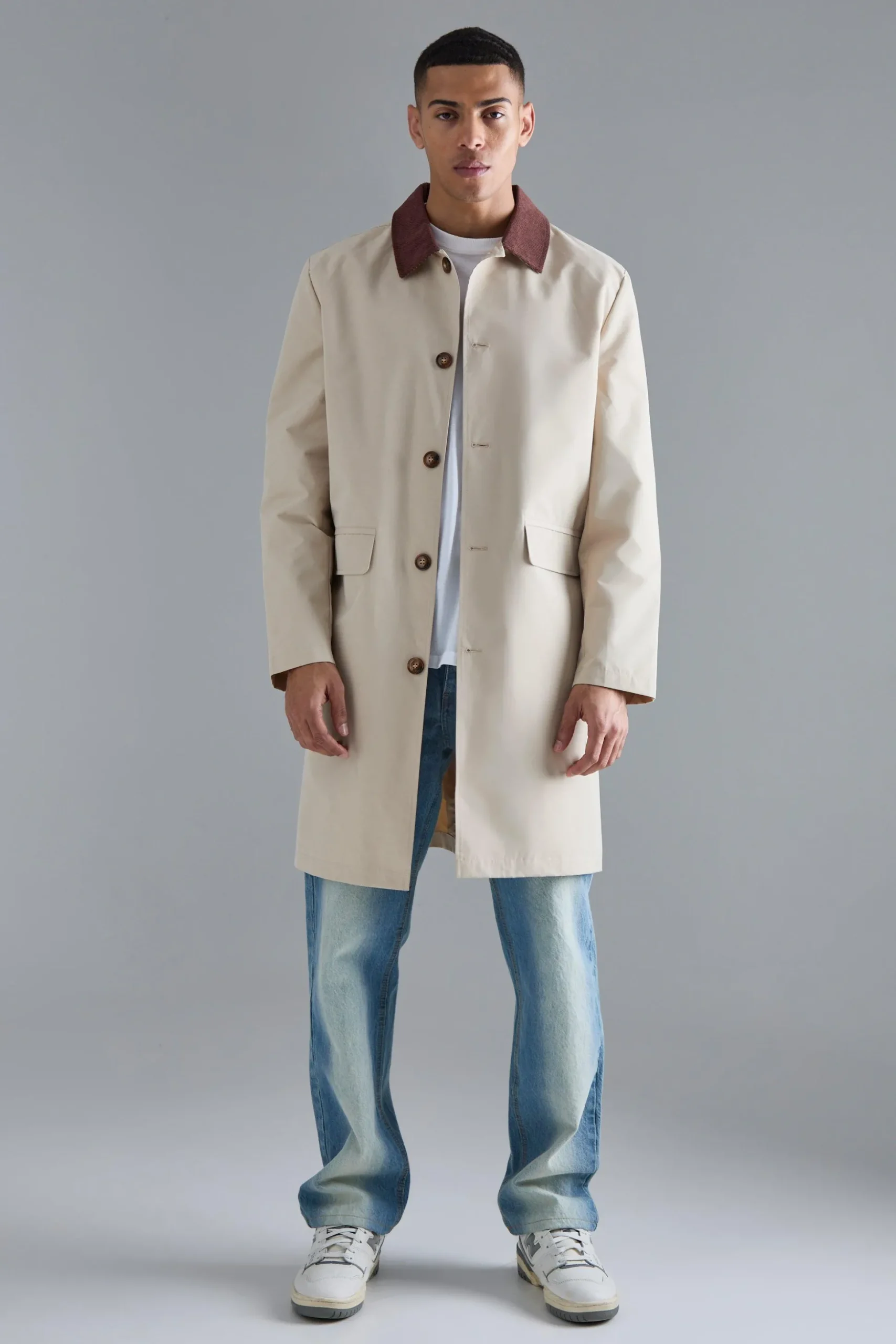 Cord Collar Button Through Mac | BoohooMAN UK
