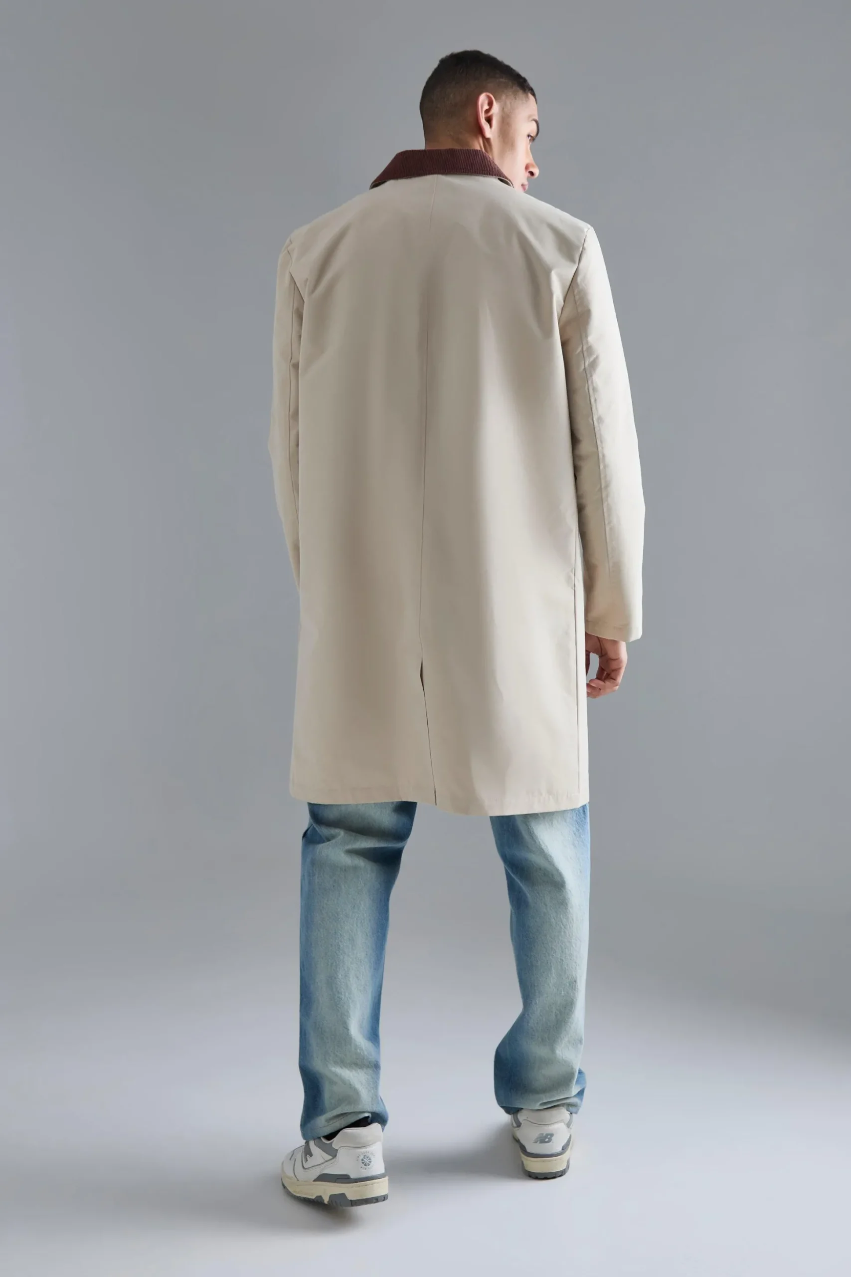 Cord Collar Button Through Mac | BoohooMAN UK