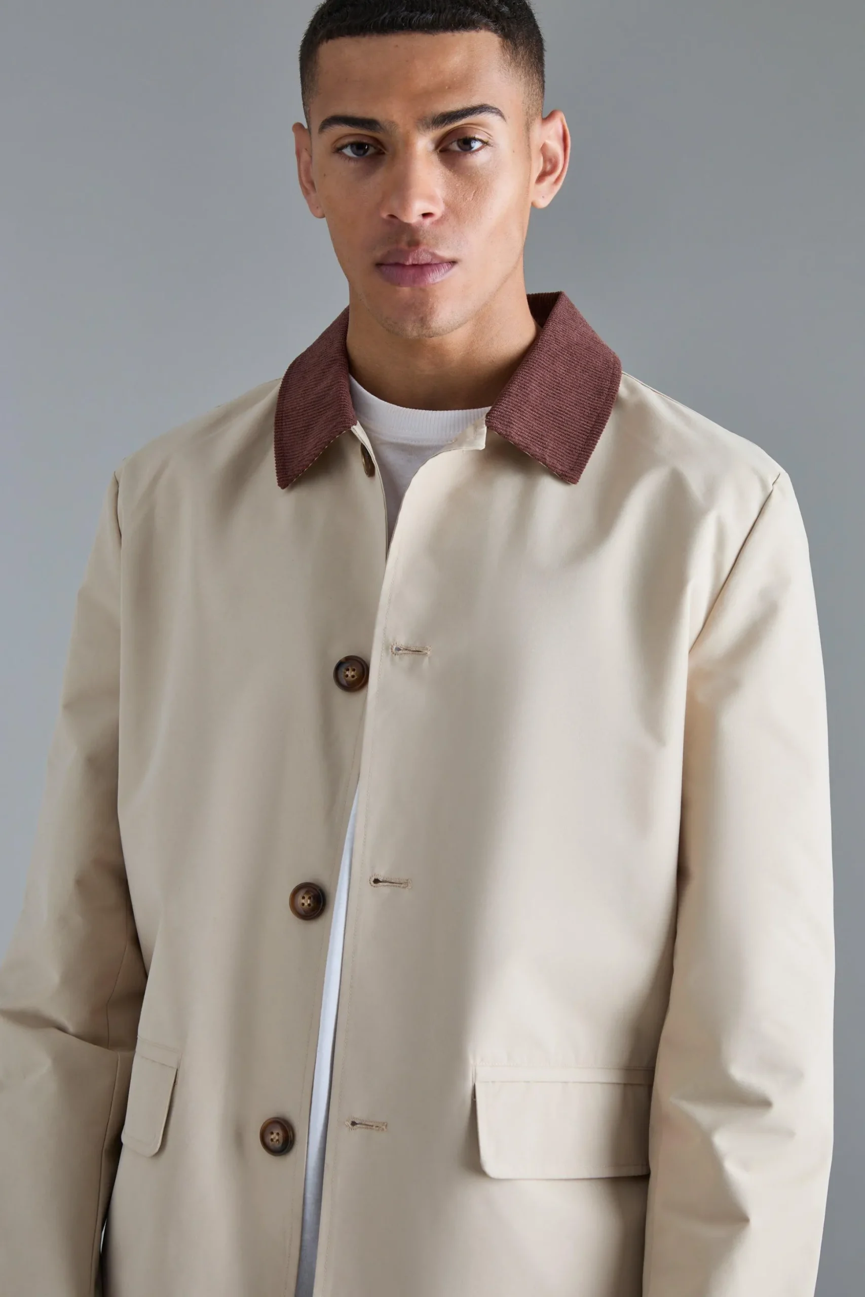 Cord Collar Button Through Mac | BoohooMAN UK